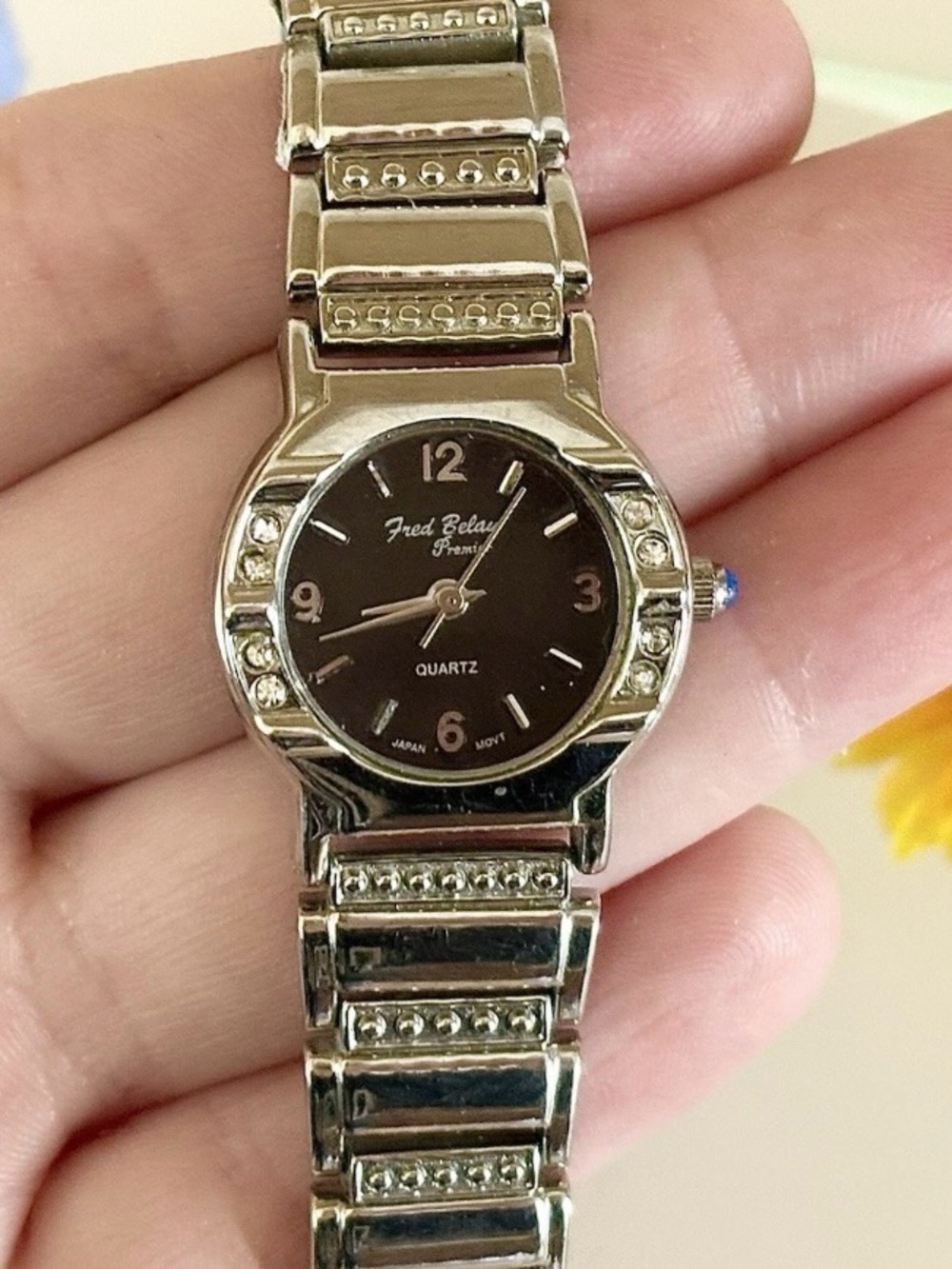 Classy Ladies Fred Belay Silver Rhinestone Watch WORKS! Round Blue Crystal Crown